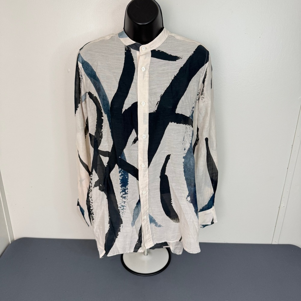 Billy Reid Women's Abstract Print Long Sleeve Button Front Top White Black XS - Picture 2 of 5